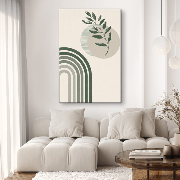 Un arc-en-ciel vert et blanc avec une feuille et une plante Un arc-en-ciel vert et blanc avec une feuille et une plante