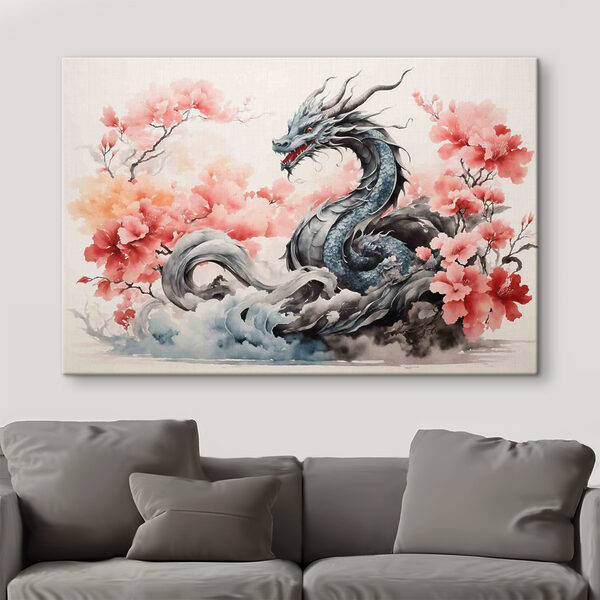 Un dragon avec des fleurs roses