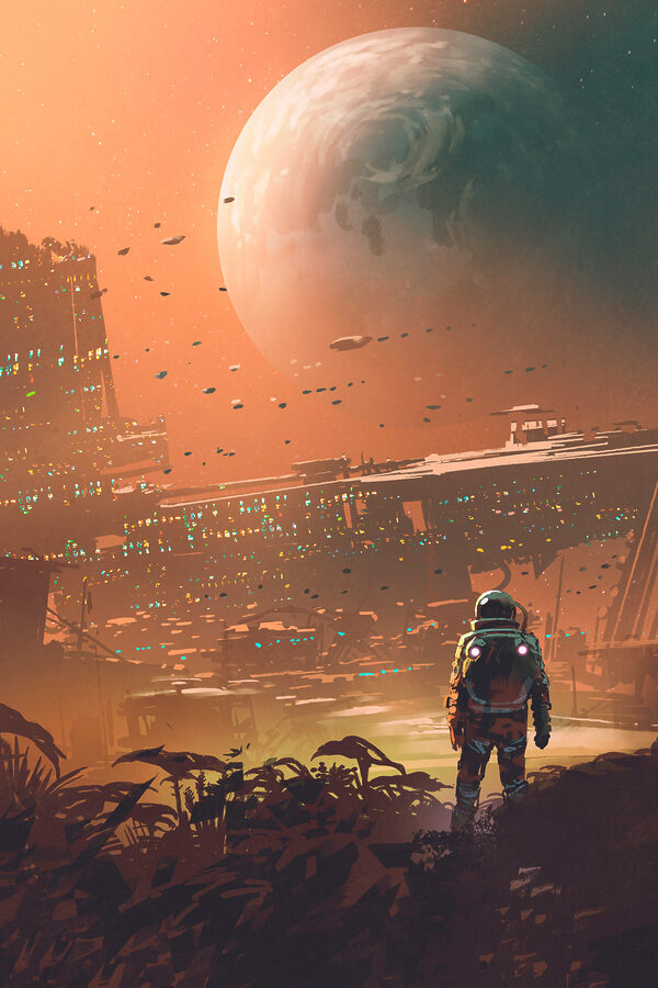 Un astronaute marchant dans une ville Un astronaute marchant dans une ville