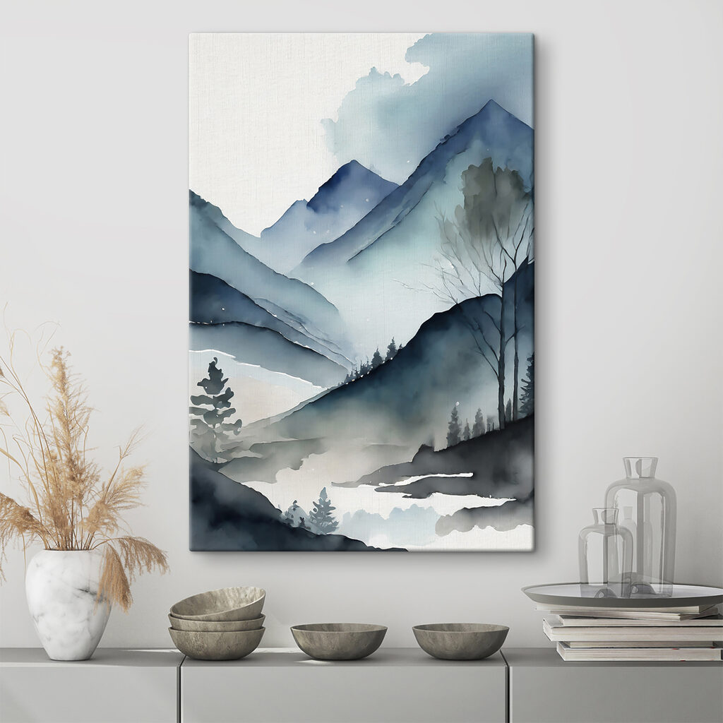 Watercolor of a mountain range with trees and fog
