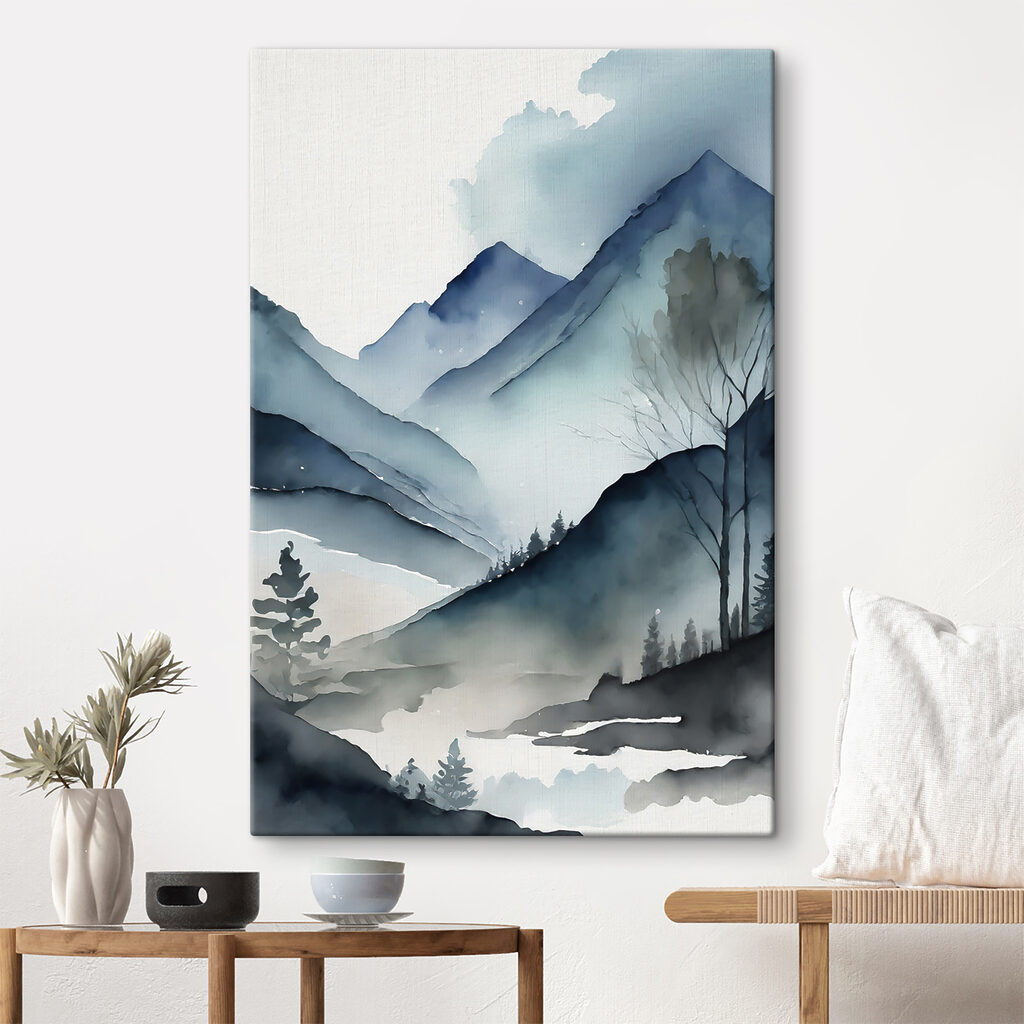 Watercolor of a mountain range with trees and fog