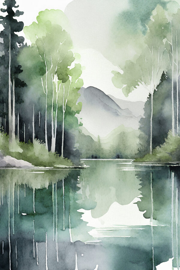 Aquarelle d'un lac entouré d'arbres et de montagnes Aquarelle d'un lac entouré d'arbres et de montagnes
