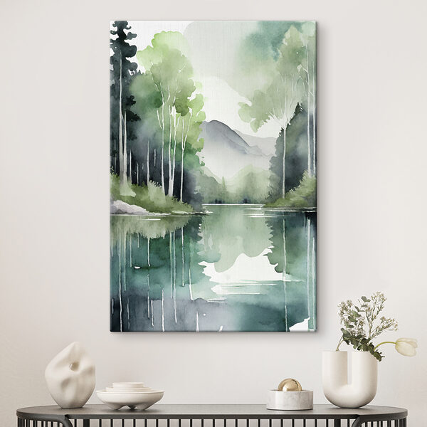 Aquarelle d'un lac entouré d'arbres et de montagnes Aquarelle d'un lac entouré d'arbres et de montagnes