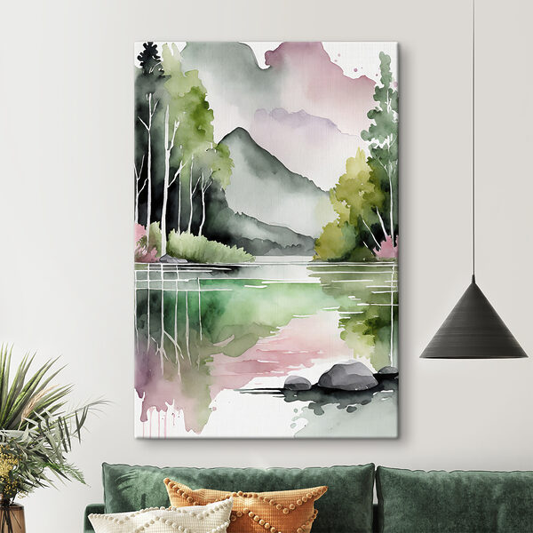 Aquarelle d'un lac avec des arbres et des montagnes en arrière-plan Aquarelle d'un lac avec des arbres et des montagnes en arrière-plan