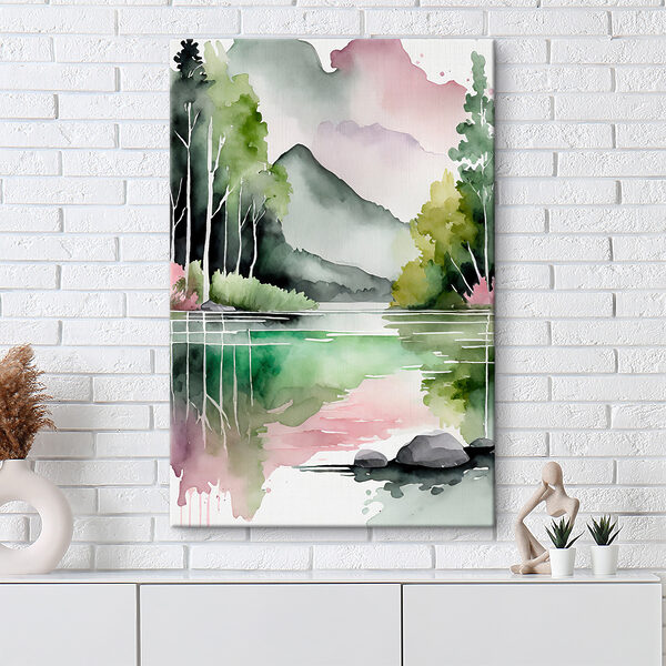 Aquarelle d'un lac avec des arbres et des montagnes en arrière-plan Aquarelle d'un lac avec des arbres et des montagnes en arrière-plan