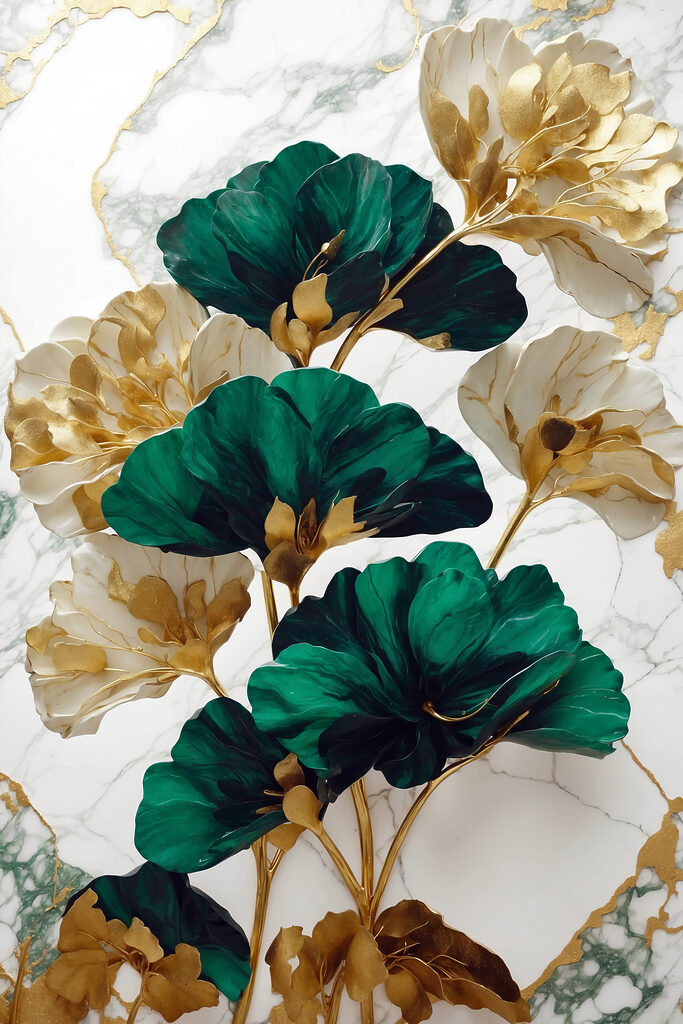 A green and white flowers on a marble surface A green and white flowers on a marble surface