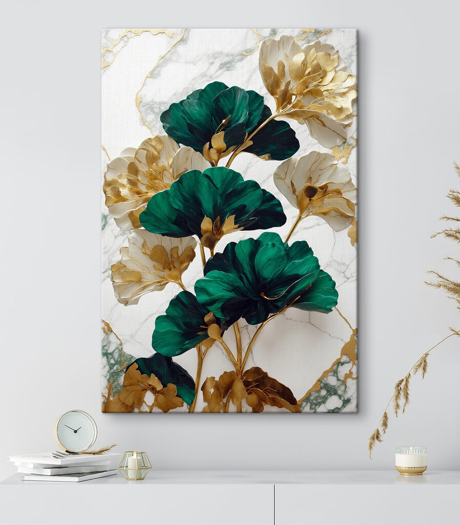 A green and white flowers on a marble surface A green and white flowers on a marble surface