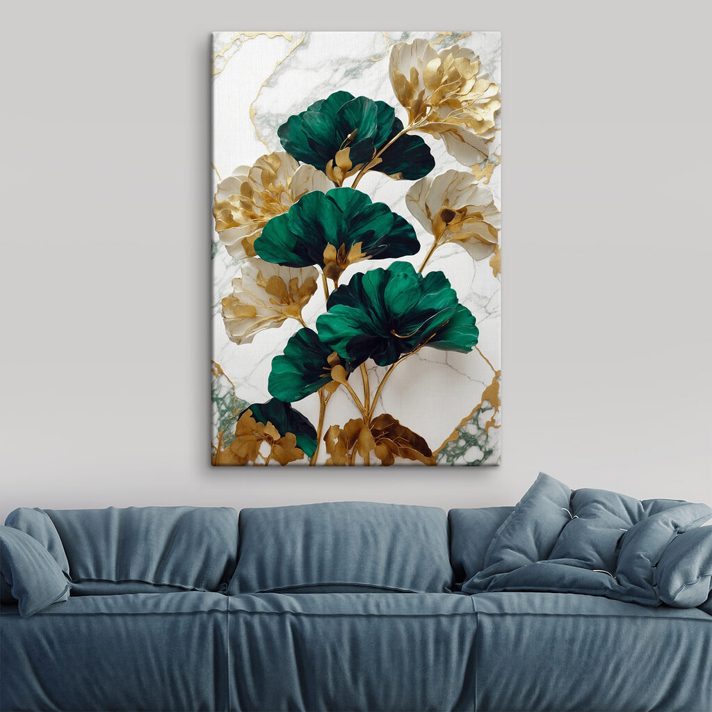 A green and white flowers on a marble surface A green and white flowers on a marble surface