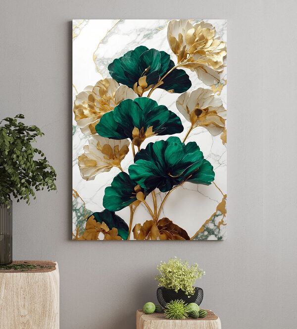 A green and white flowers on a marble surface A green and white flowers on a marble surface