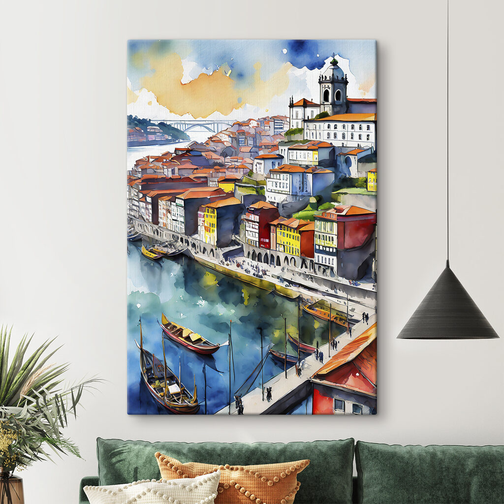 Watercolor of a city with boats and a bridge Watercolor of a city with boats and a bridge