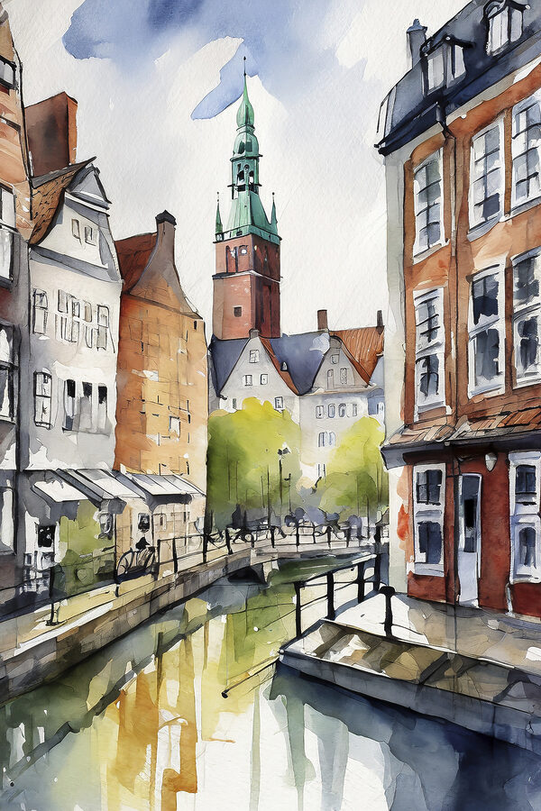 Aquarelle d'un canal avec des bâtiments et une tour Aquarelle d'un canal avec des bâtiments et une tour
