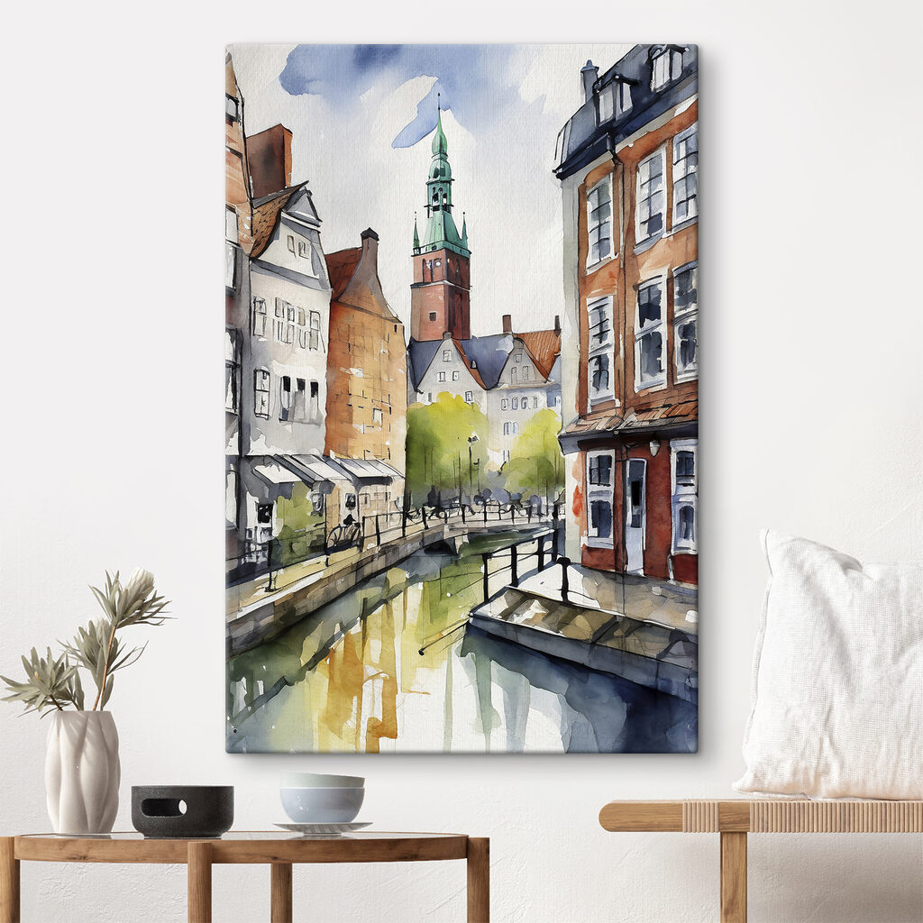 Watercolor of a canal with buildings and a tower