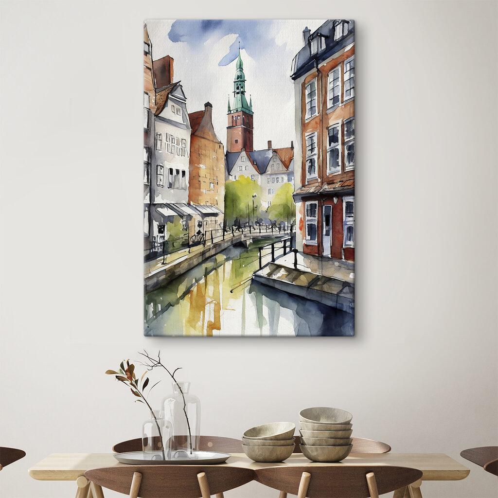 Watercolor of a canal with buildings and a tower