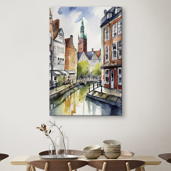 Aquarelle d'un canal avec des bâtiments et une tour Aquarelle d'un canal avec des bâtiments et une tour