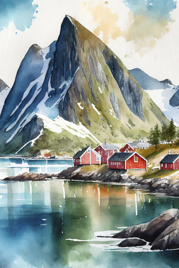 Aquarelle d'un village au bord d'un lac et de montagnes Aquarelle d'un village au bord d'un lac et de montagnes