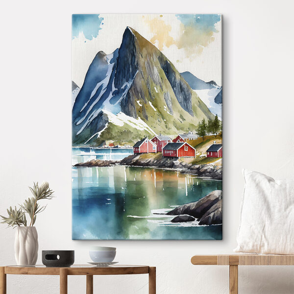 Aquarelle d'un village au bord d'un lac et de montagnes Aquarelle d'un village au bord d'un lac et de montagnes