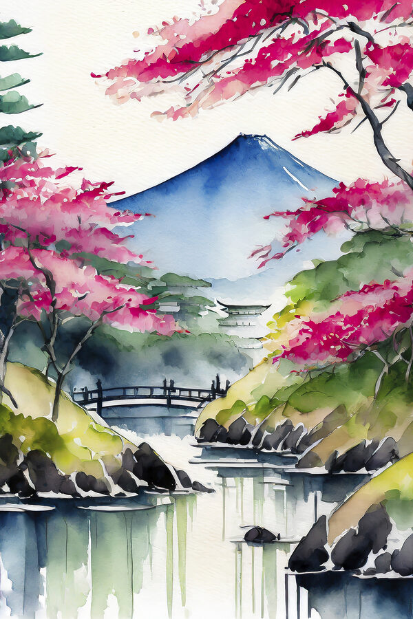 Aquarelle d'une montagne et d'arbres avec des fleurs roses Aquarelle d'une montagne et d'arbres avec des fleurs roses