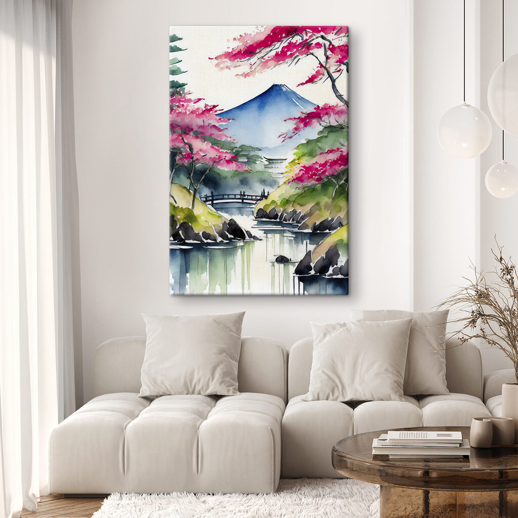 Watercolor painting of a mountain and trees with pink flowers Watercolor painting of a mountain and trees with pink flowers