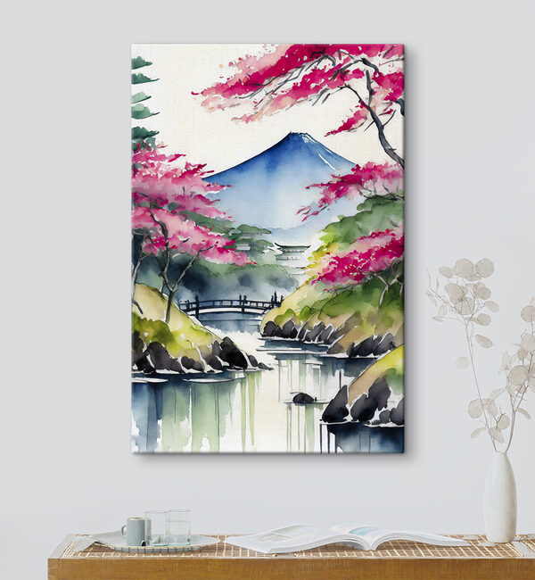 Aquarelle d'une montagne et d'arbres avec des fleurs roses Aquarelle d'une montagne et d'arbres avec des fleurs roses