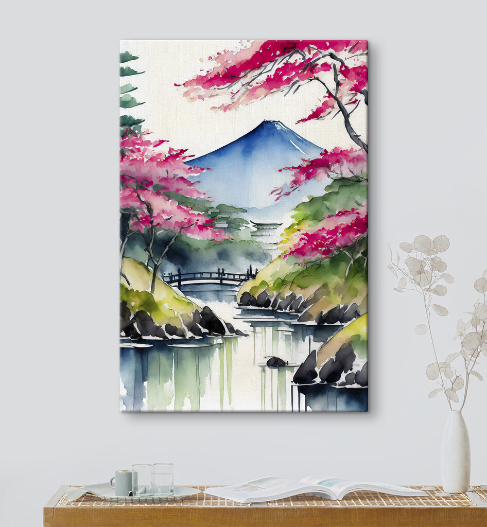 Watercolor painting of a mountain and trees with pink flowers Watercolor painting of a mountain and trees with pink flowers