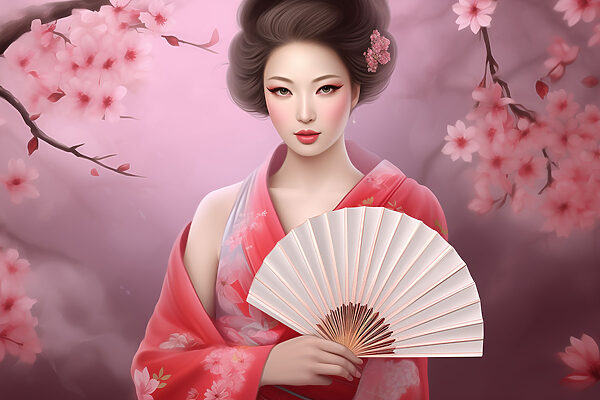 A woman in a kimono holding a fan