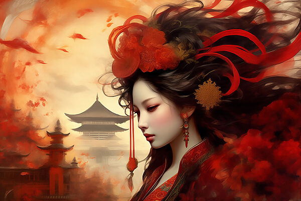 Une femme aux cheveux longs avec des fleurs rouges dans les cheveux Une femme aux cheveux longs avec des fleurs rouges dans les cheveux