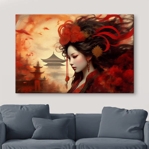 Une femme aux cheveux longs avec des fleurs rouges dans les cheveux Une femme aux cheveux longs avec des fleurs rouges dans les cheveux