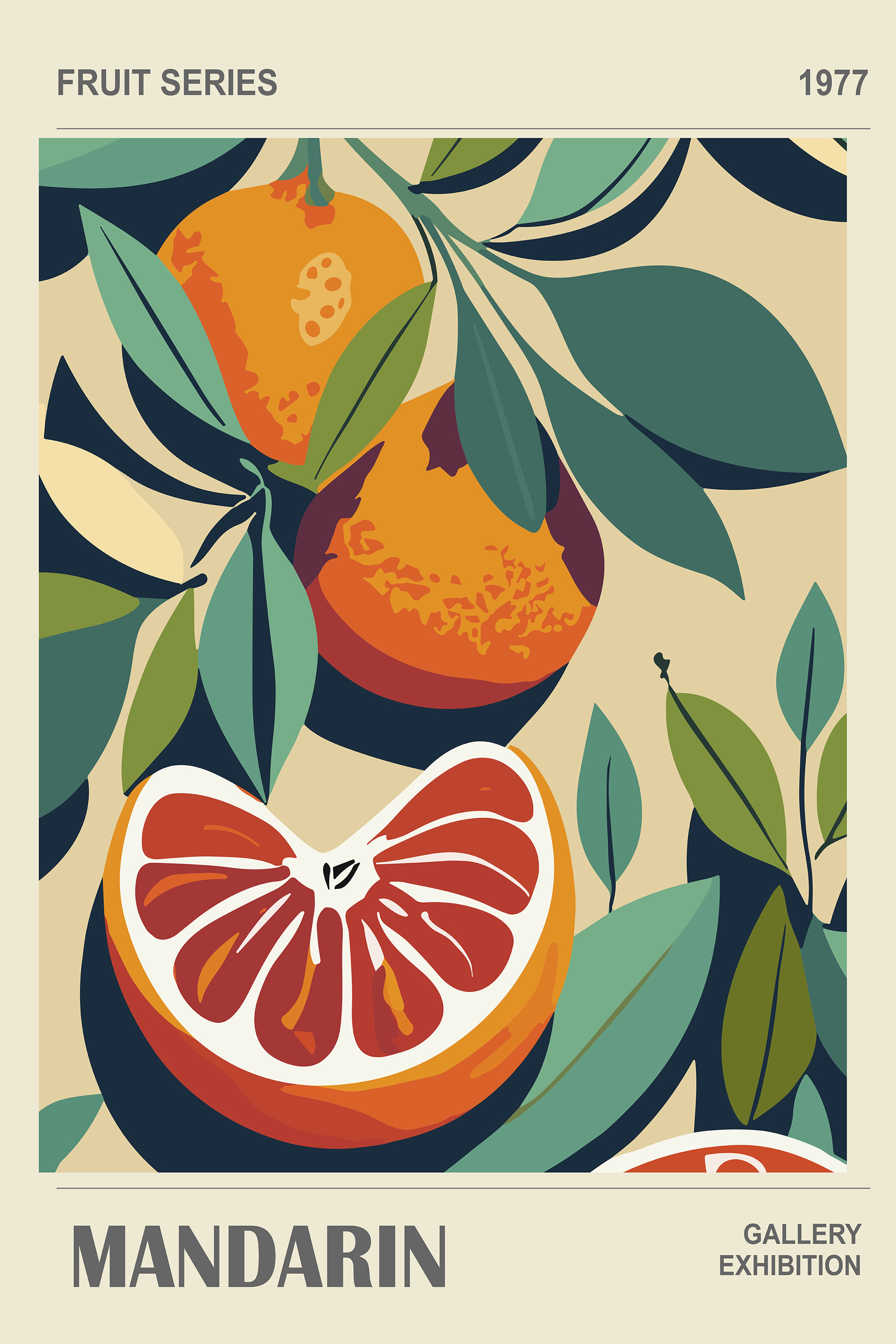 A poster of oranges and leaves