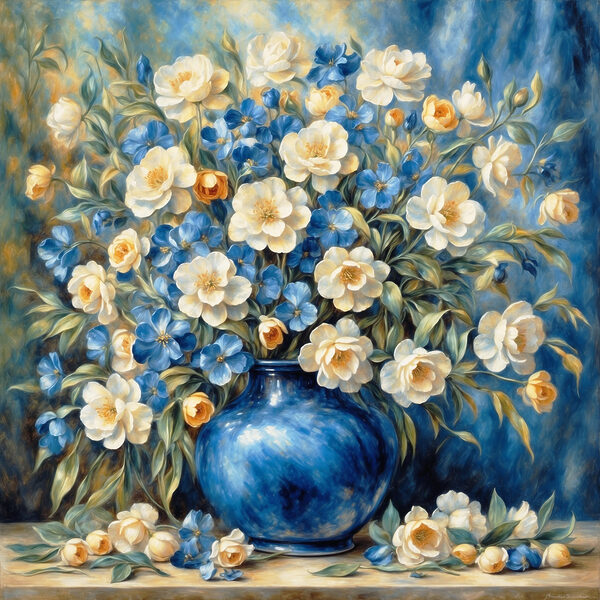 Peinture de fleurs dans un vase bleu Peinture de fleurs dans un vase bleu