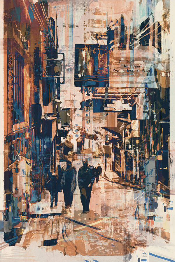 A group of people walking down a street A group of people walking down a street