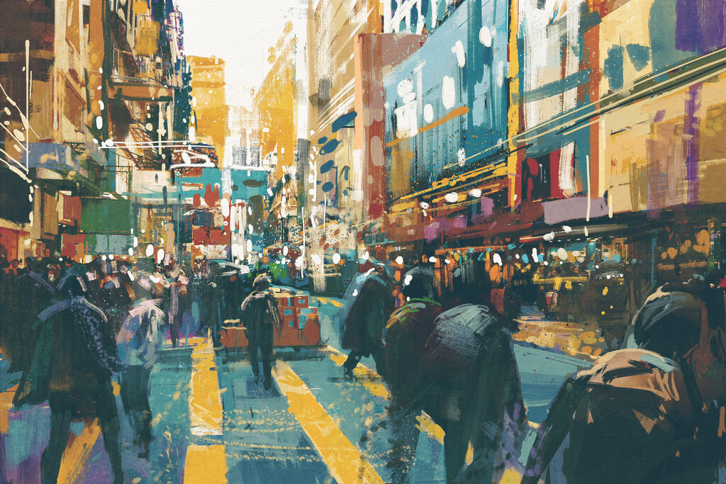 A group of people walking in a city