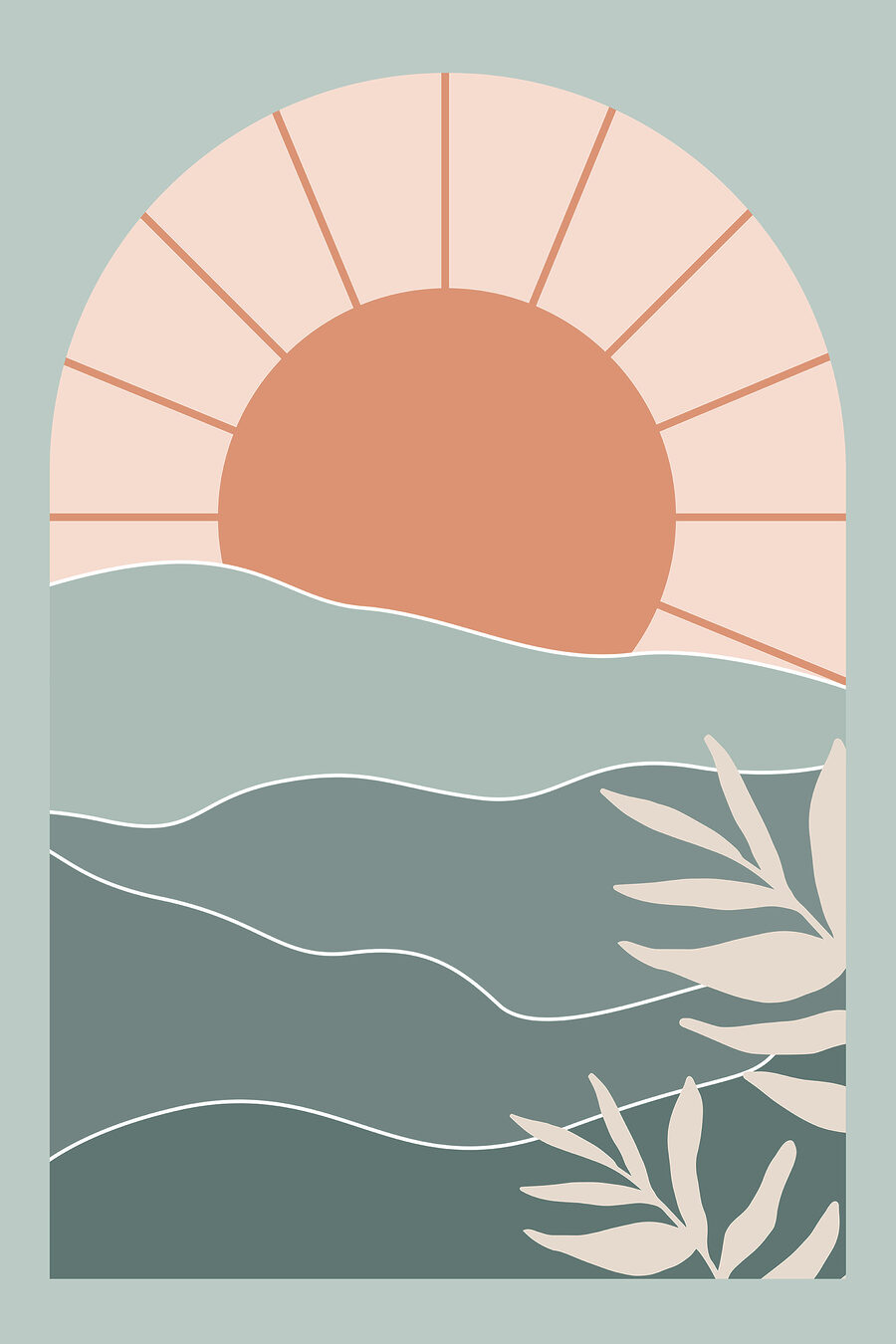 Un soleil sur l'eau avec des feuilles