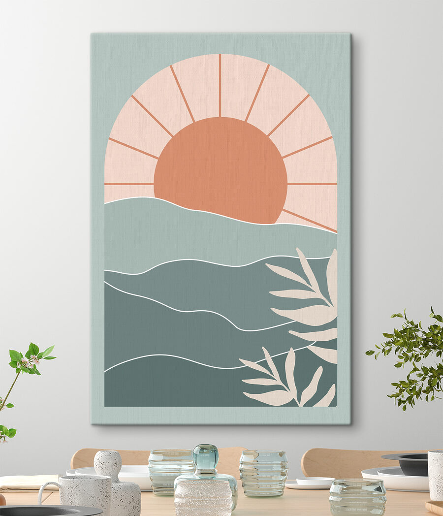 Un soleil sur l'eau avec des feuilles