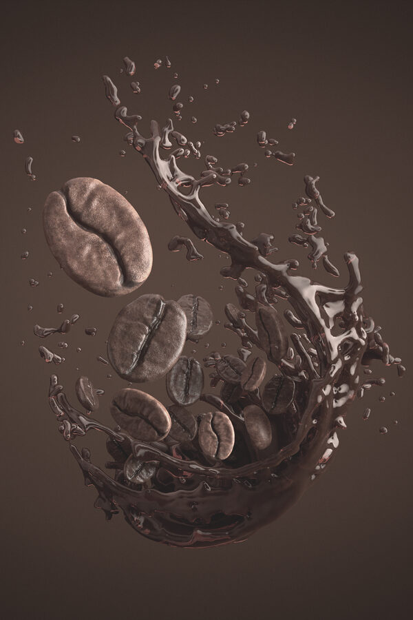 Grains de café tombant dans un liquide Grains de café tombant dans un liquide