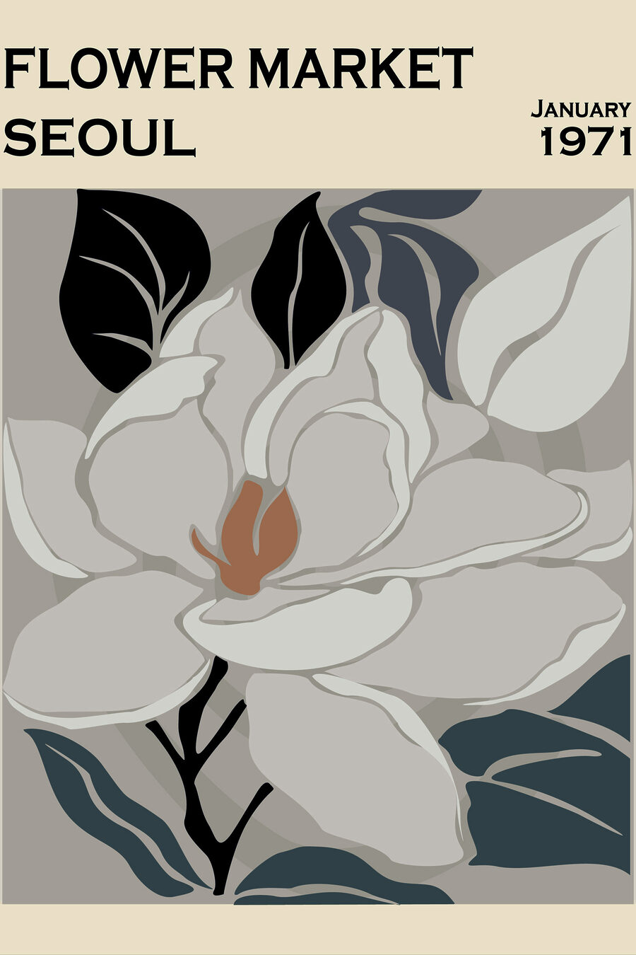 Une fleur blanche avec des feuilles noires