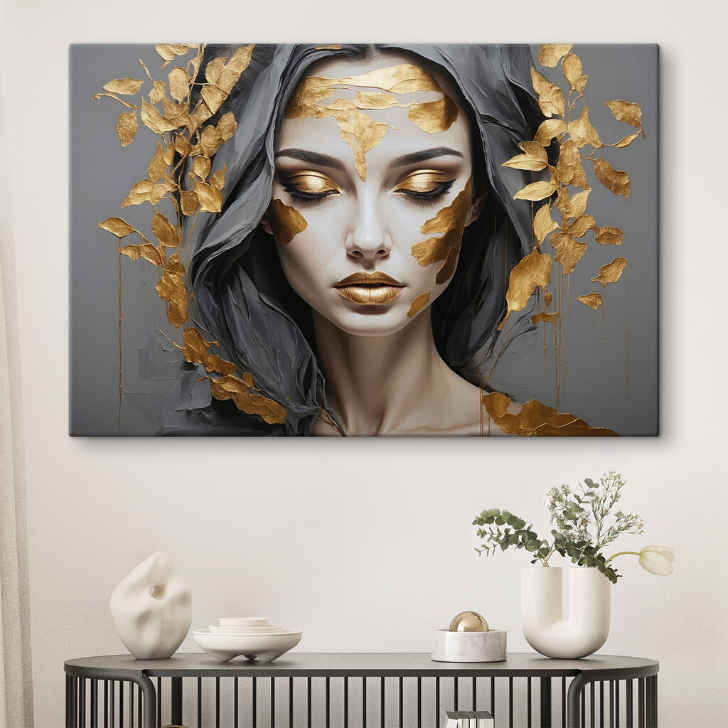 Ethereal beauty adorned in metallic leaves Ethereal beauty adorned in metallic leaves