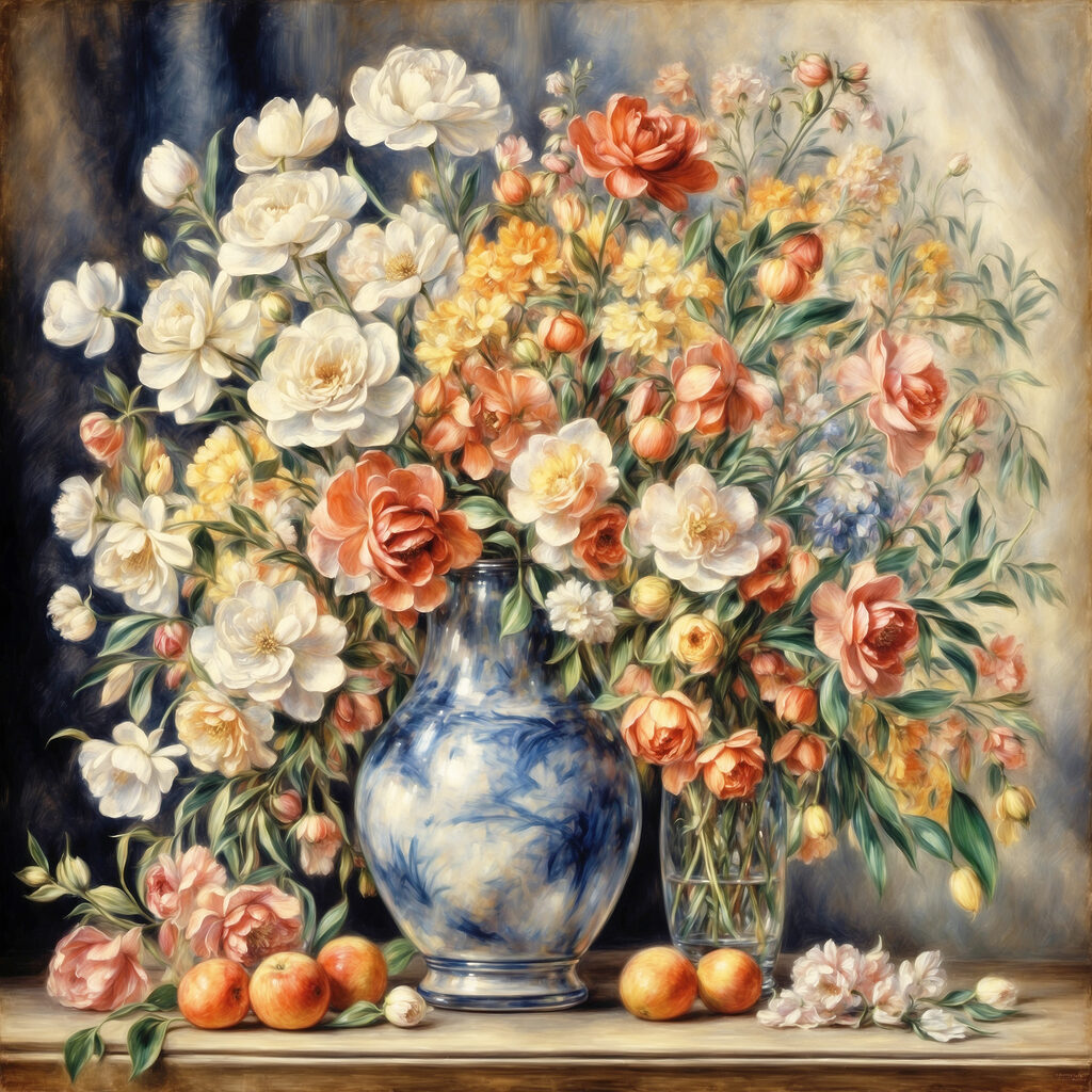 A painting of flowers in a vase and fruit