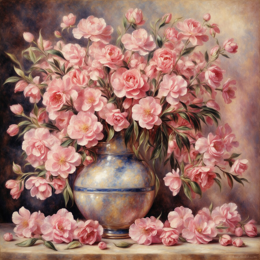 Peinture de fleurs roses dans un vase