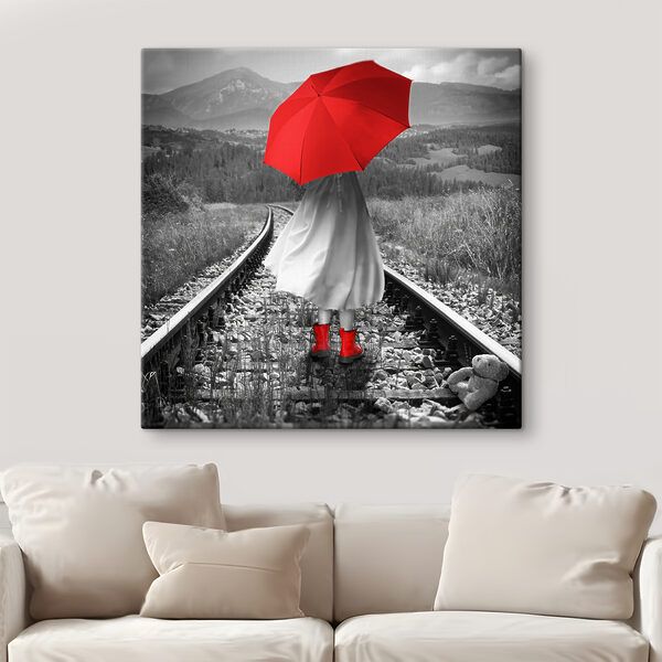 Tableaux Une personne avec un parapluie rouge sur une voie ferrée (UGS : s37301) Tableaux Tableaux Une personne avec un parapluie rouge sur une voie ferrée (UGS : s37301)