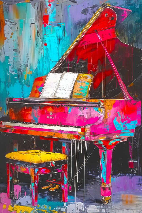 Un piano rose avec un tabouret Un piano rose avec un tabouret