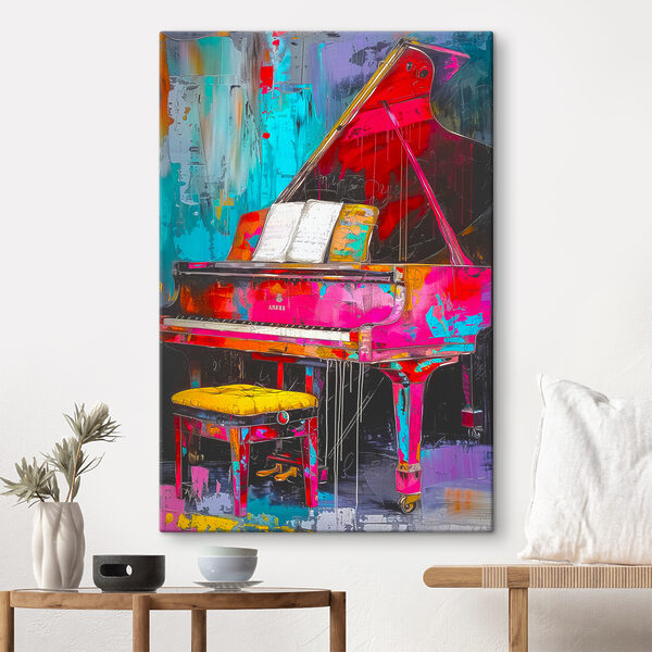 Un piano rose avec un tabouret