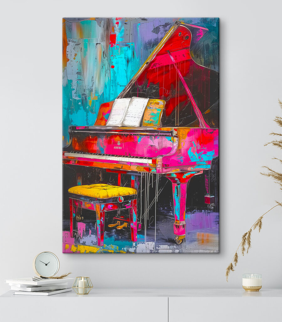 Un piano rose avec un tabouret