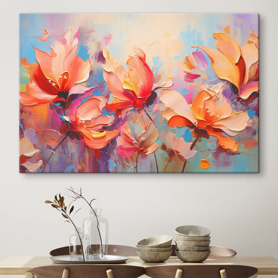 Tableaux Peinture de fleurs sur fond bleu