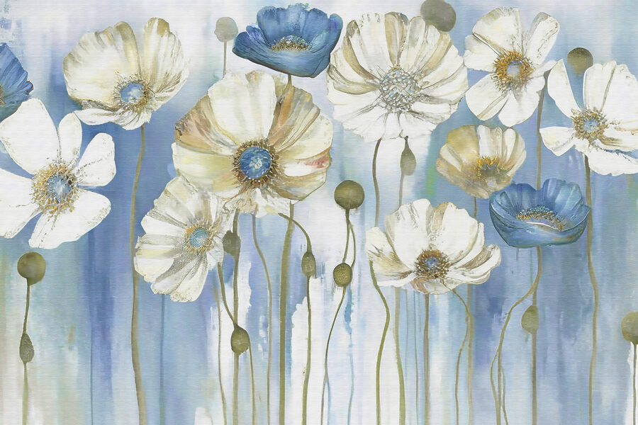Un tableau de fleurs blanches et bleues