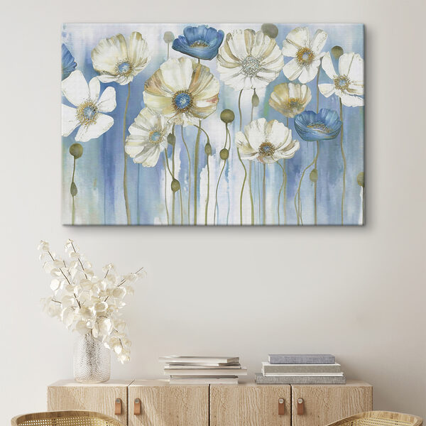 Un tableau de fleurs blanches et bleues Un tableau de fleurs blanches et bleues
