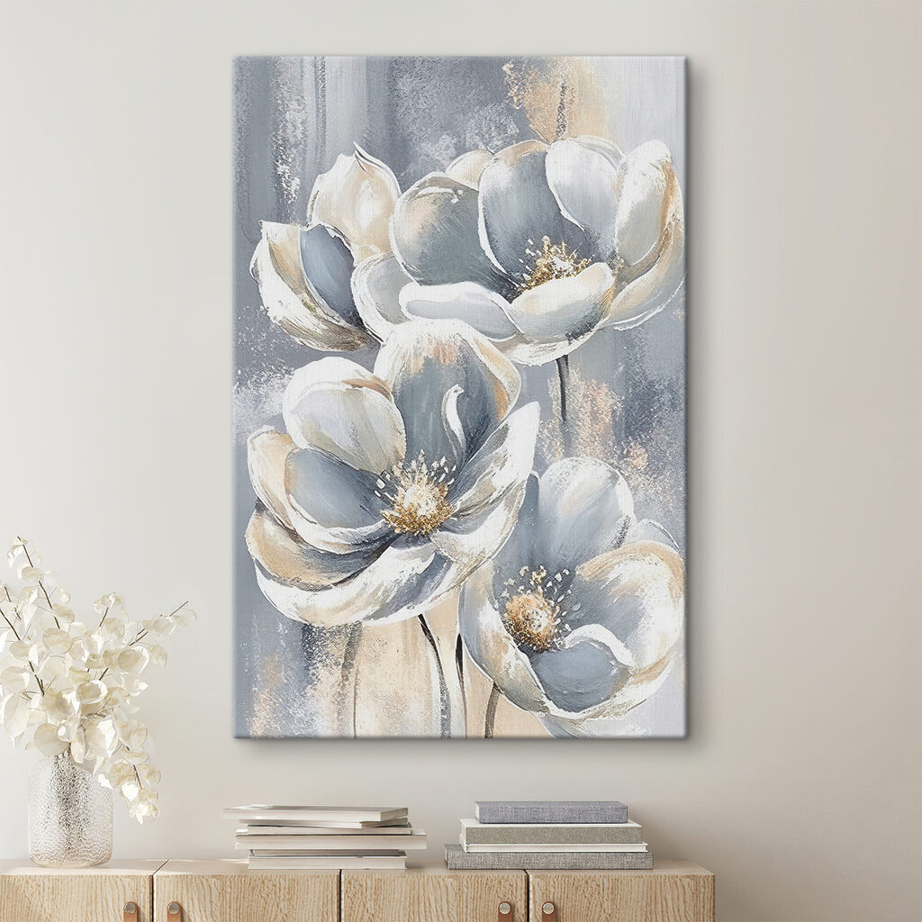 A painting of flowers on a grey background