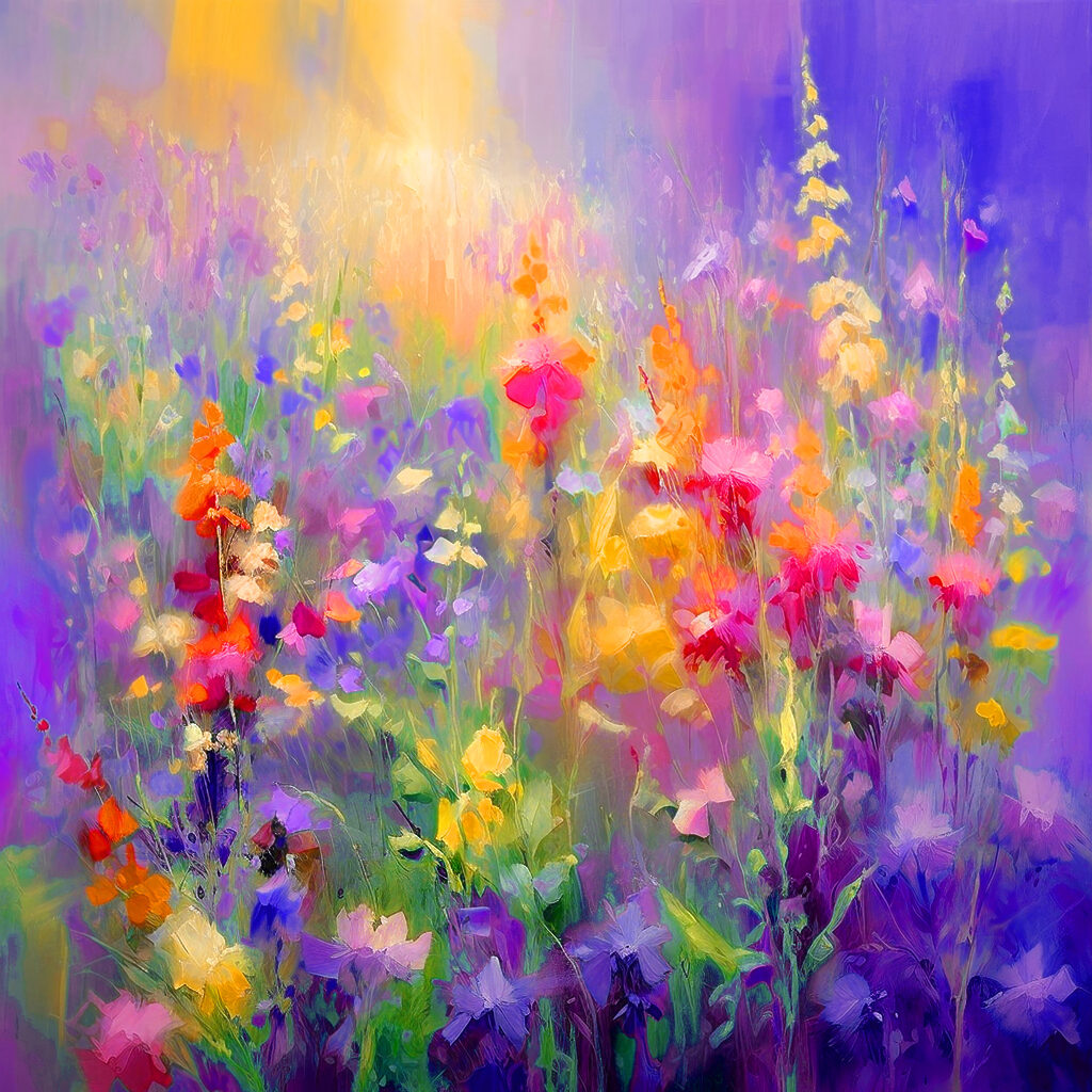 A painting of flowers in a field