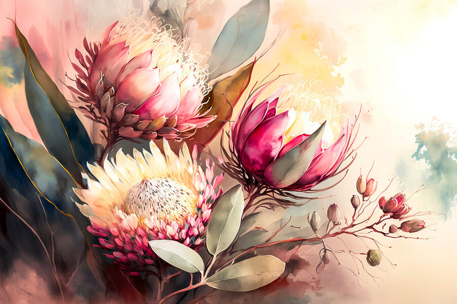 Une peinture de fleurs et de feuilles