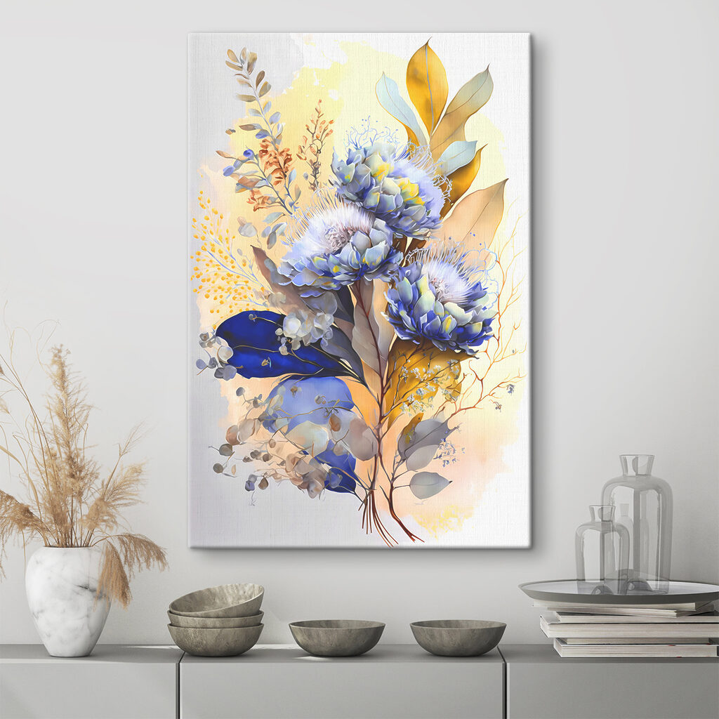 A painting of flowers and leaves