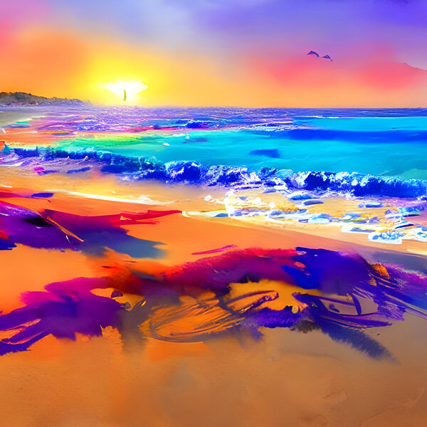 Une plage colorée avec des vagues et un coucher de soleil Une plage colorée avec des vagues et un coucher de soleil